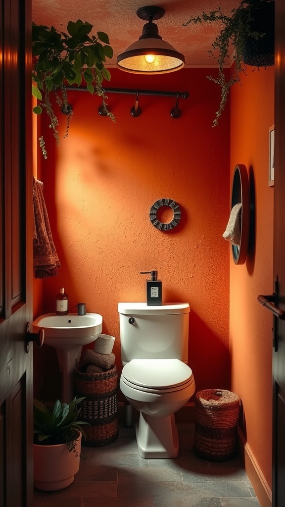 A stylish powder room painted in terracotta orange with plants and modern fixtures.