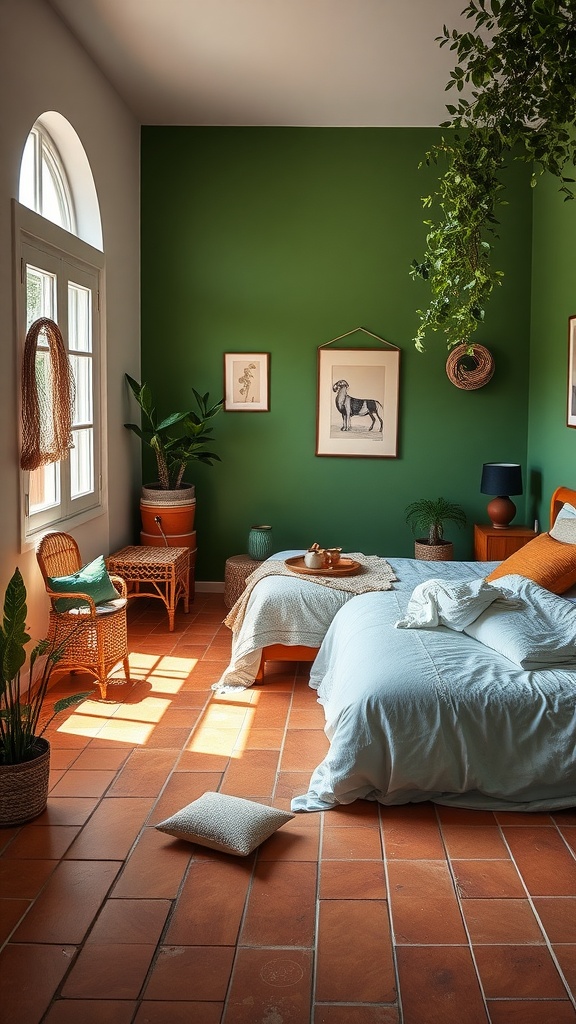 A cozy bedroom featuring green walls and terracotta tile flooring with plants and decorative elements