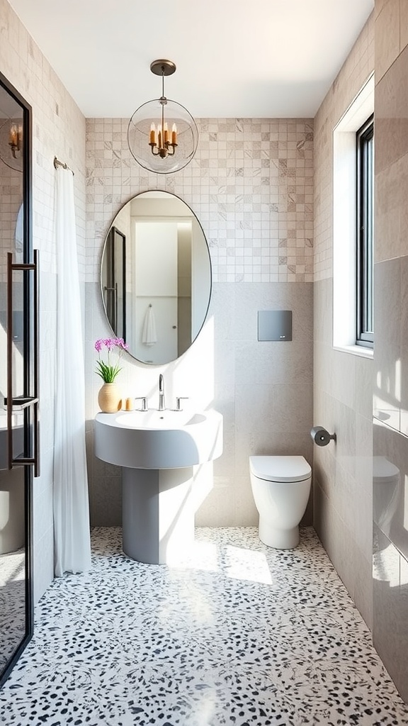 A modern bathroom featuring terrazzo floor tiles and plain wall tiles, with a stylish sink and mirror.