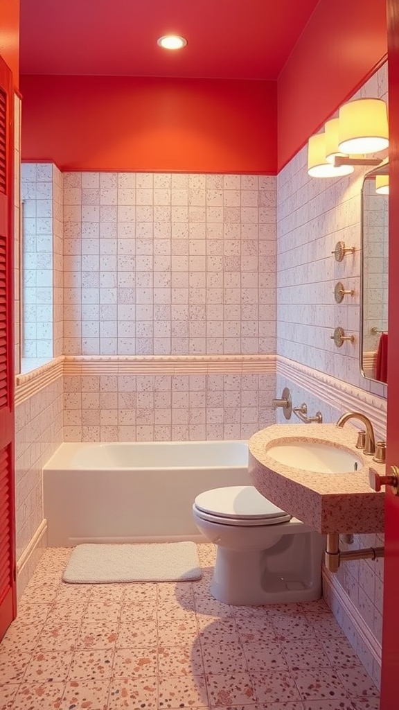 Bathroom featuring red walls and a light speckled terrazzo countertop with a rounded sink.