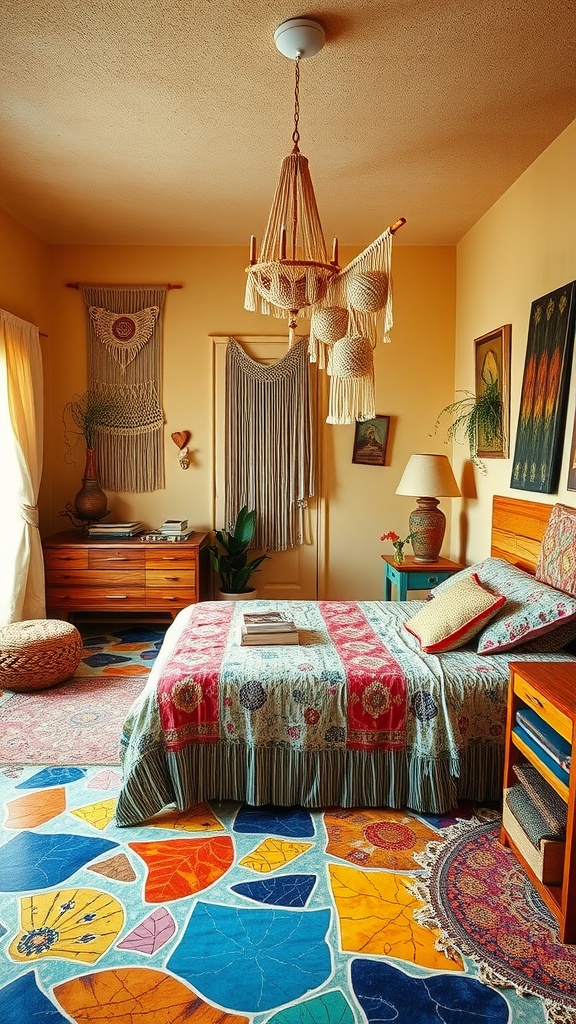 A beautifully decorated bedroom with colorful terrazzo flooring, showcasing a cozy bed, macrame wall hangings, and decorative accessories.