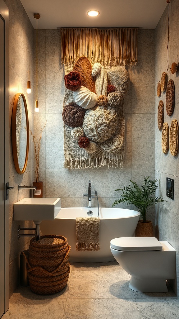 A cozy bathroom featuring textural fiber art on the wall, with a modern bathtub and earthy decor.