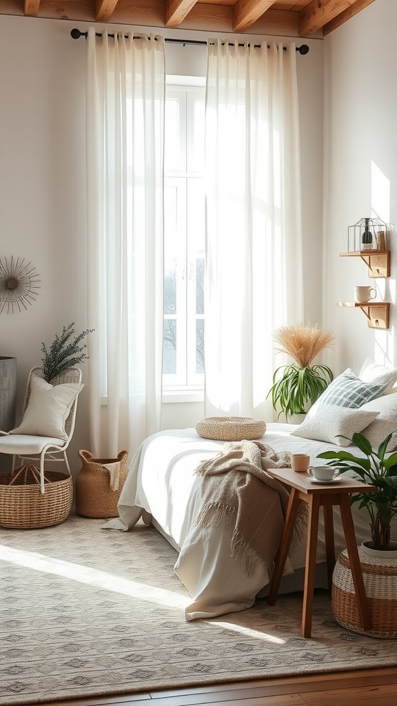 A bright and tranquil bedroom featuring a white bed, plant decorations, and natural light.