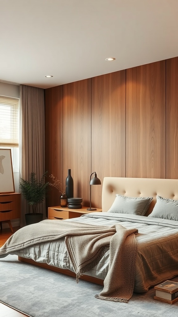 A cozy master bedroom with textured wood accent walls, soft bedding, and stylish decor.