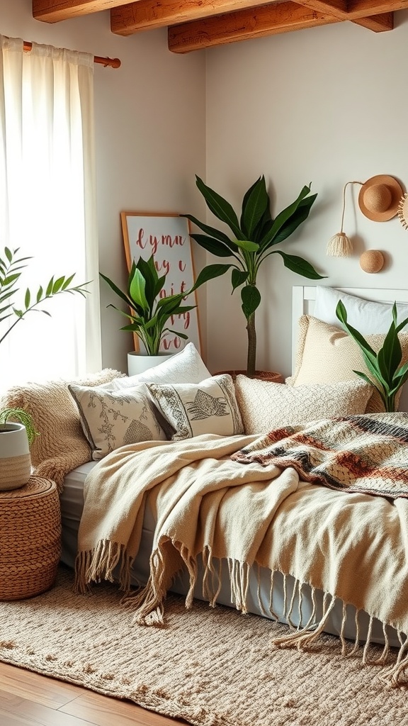 Cozy boho bedroom featuring textured blankets, pillows, and plants.