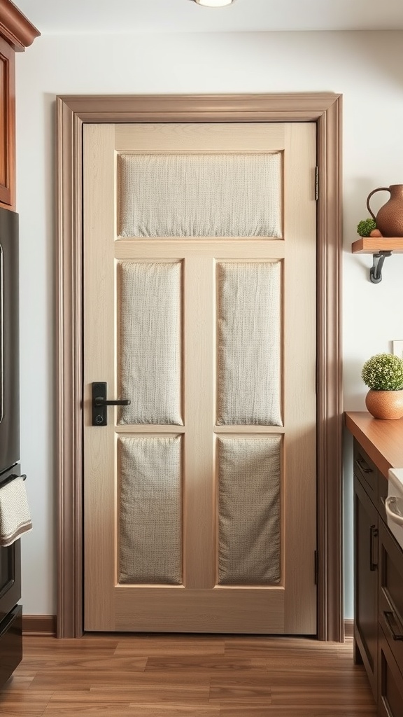 Pantry door with textured fabric panels for a soft look