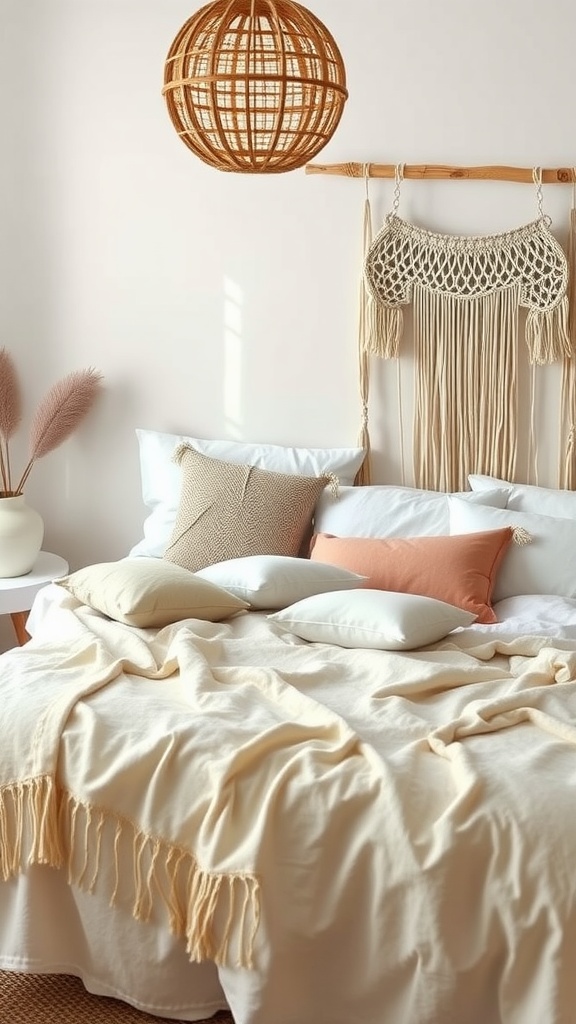 A cozy boho bedroom featuring layered textiles with a macramé wall hanging and a woven pendant light.