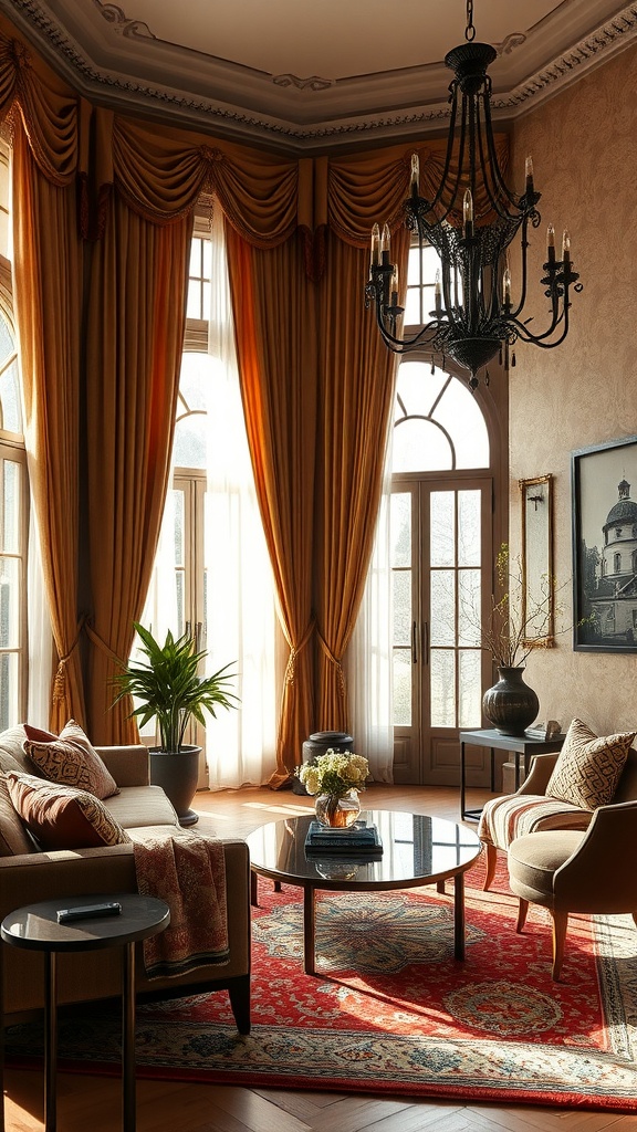 A stunning living room featuring luxurious drapery, textured fabrics, and elegant decor, blending Mediterranean and Gothic styles.