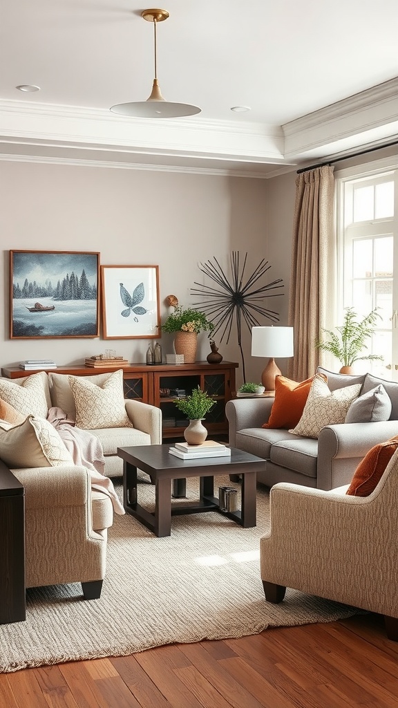 Cozy living room with overstuffed furniture and textured fabrics