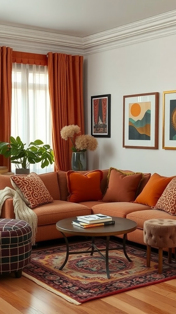 Cozy living room with orange textured fabrics, decorative cushions, and Gothic artwork