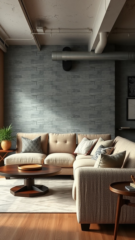 A cozy industrial living room featuring a textured fabric sofa with decorative pillows, a wooden coffee table, and a brick wall background.