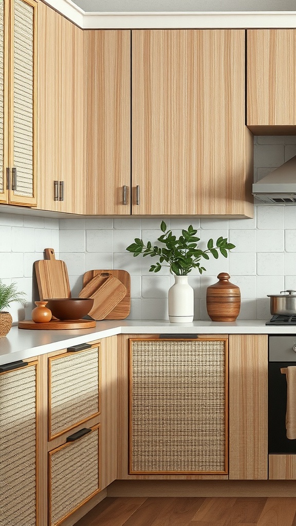 A modern kitchen featuring textured cabinet finishes with woven elements and wooden accents.