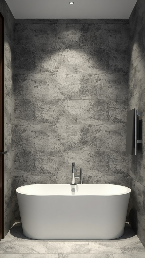 A modern bathroom featuring textured gray wall panels and a sleek white bathtub.