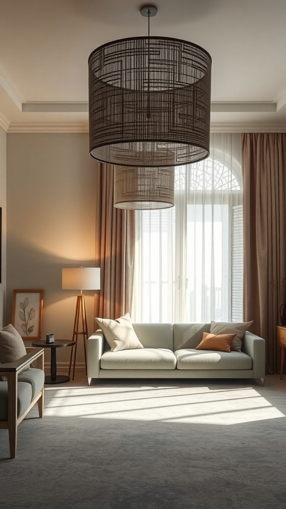 A living room with textured lampshades creating diffused light, showcasing a cozy atmosphere