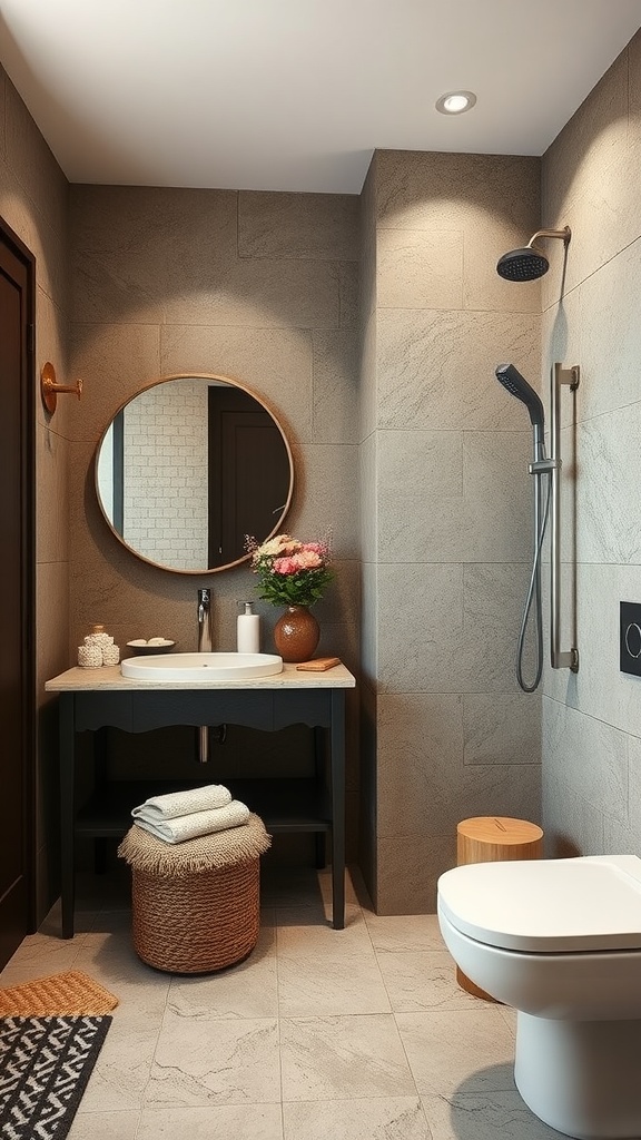 Aesthetic bathroom featuring textured walls, a round mirror, and natural wood accents