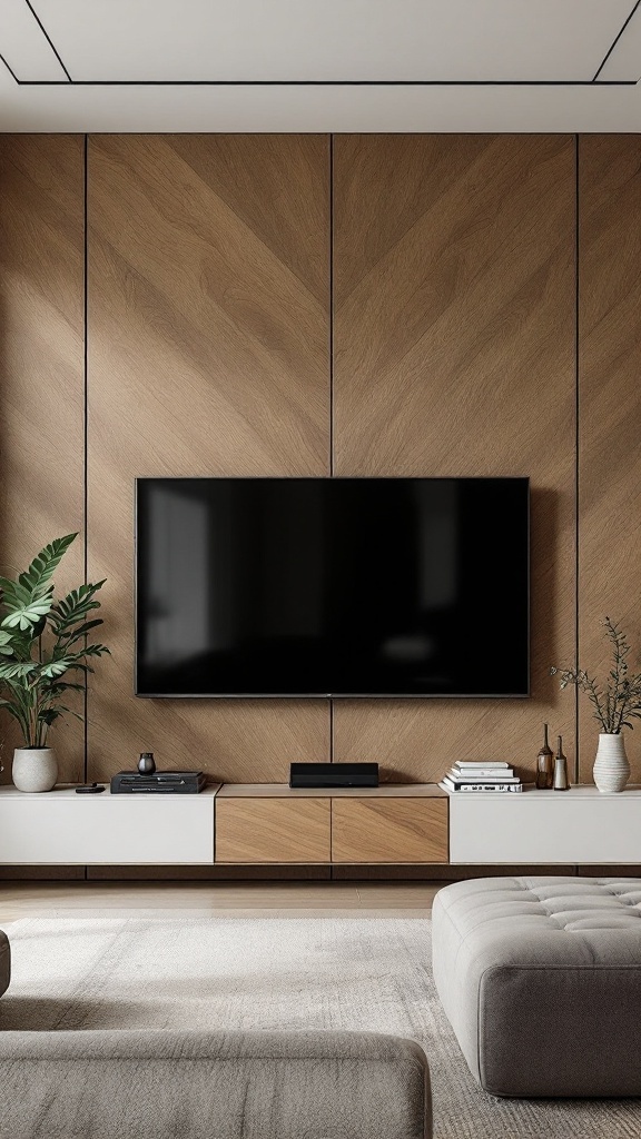Modern living room with textured wood paneling and a TV mounted on the wall.