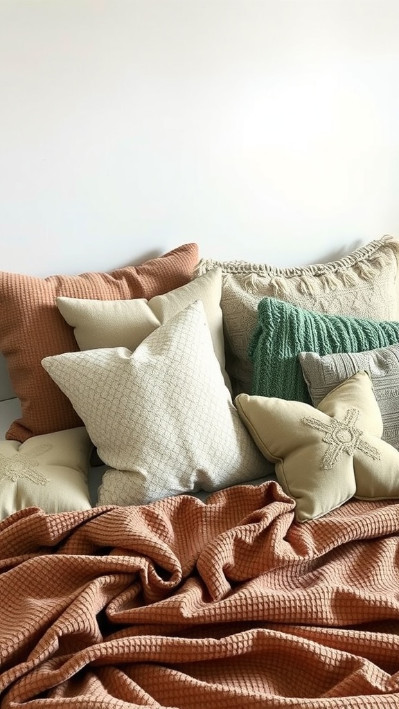 A variety of textured pillows and cushions arranged on a bed, featuring earthy tones and different fabrics.