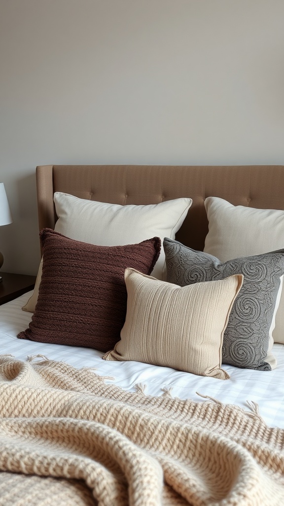 A cozy bed adorned with a variety of textured pillows and a warm throw.