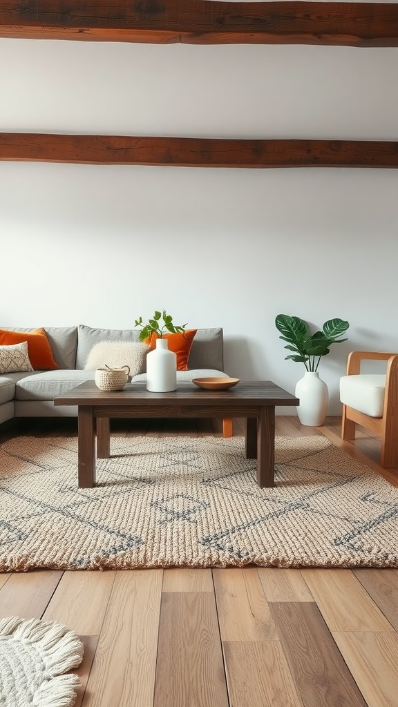 Cozy living room featuring a textured woven rug, coffee table, and comfortable seating