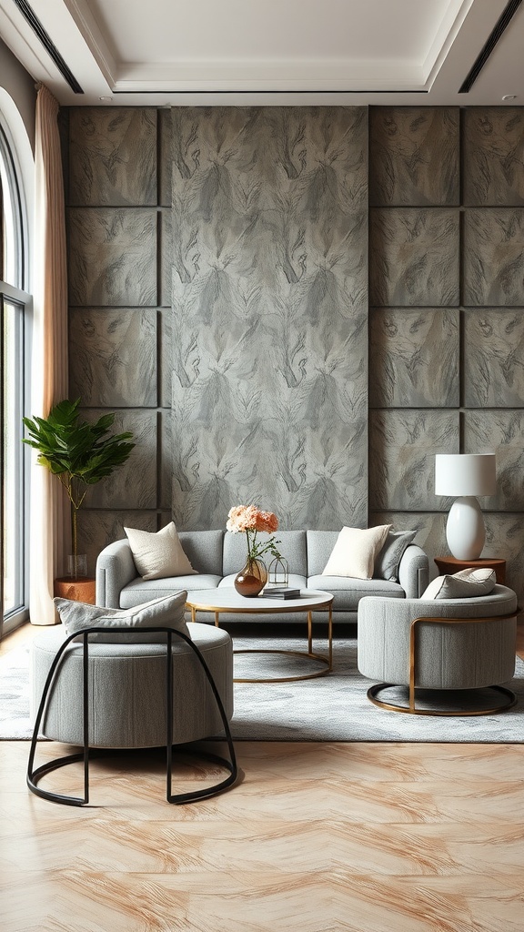 A stylish living room with textured walls, modern furniture, and warm wood flooring.