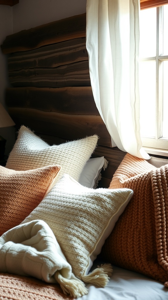 A cozy arrangement of textured throw pillows in earthy tones on a bed with a wooden wall.