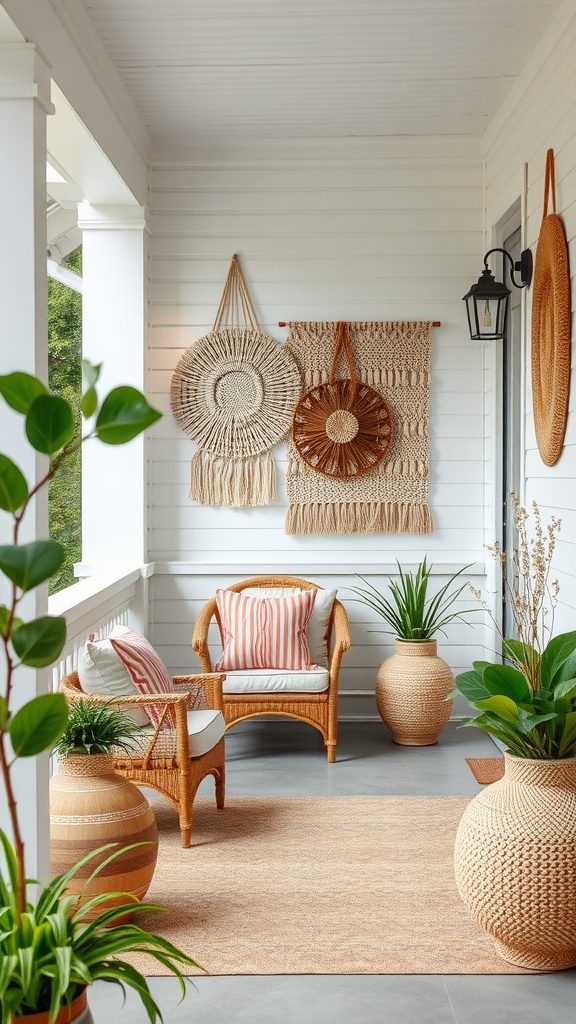 A stylish bohemian porch featuring textured wall hangings and cozy seating.