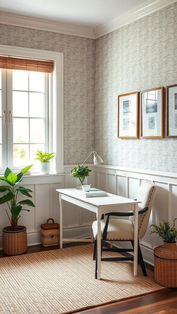 A cozy home office featuring textured wall panels, a white desk, a cream chair, and natural plant decor.