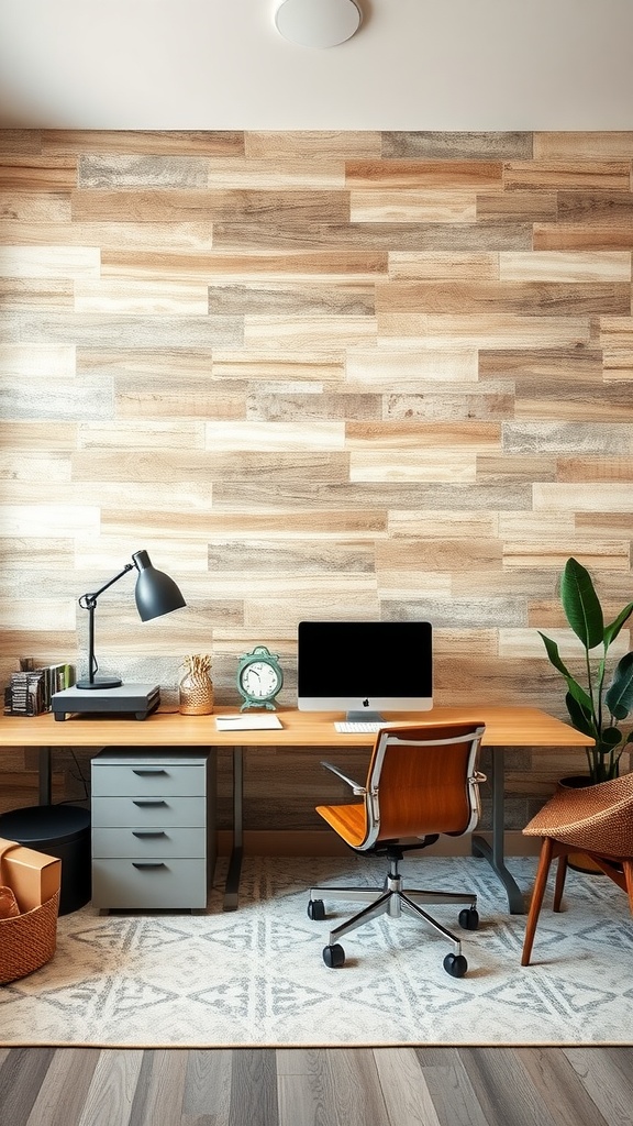 Cozy fall home office with textured wood wall, desk, and plant