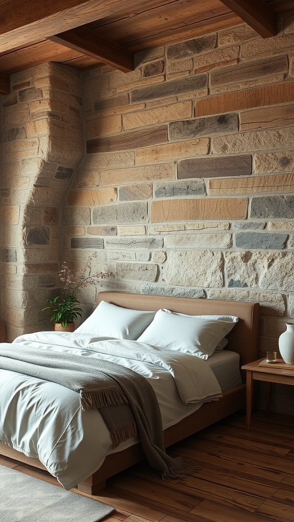 Cozy rustic bedroom with a textured stone wall, wooden beams, and simple furnishings.