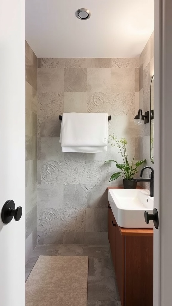 A modern bathroom with textured walls, a white sink, wooden cabinet, and a plant.