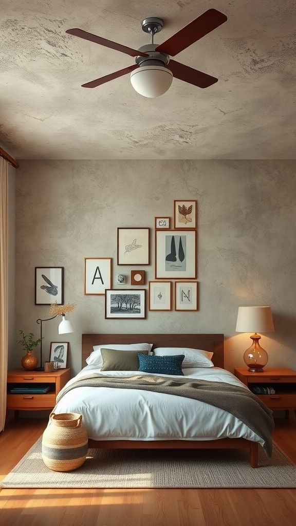 A cozy bedroom featuring textured walls and ceiling, a wooden bed, and stylish decor.