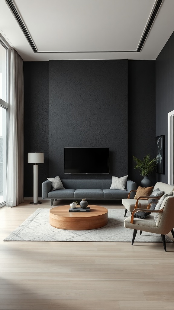 A modern minimalist living room featuring dark textured walls, a sleek gray sofa, and a round wooden coffee table.