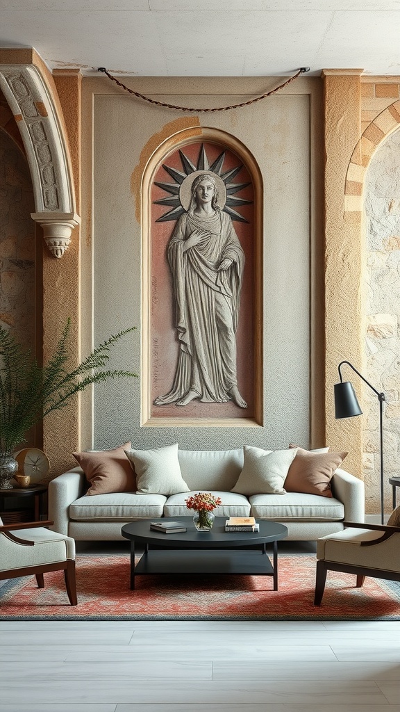 A living room featuring textured walls of plaster and stone, with a beautiful wall feature and comfortable furniture.