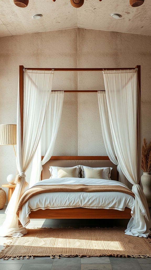 A serene Boho bedroom featuring a canopy bed with textured walls, soft drapes, and natural decor.