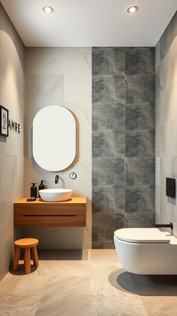 Modern luxury bathroom with textured walls and minimalist design.