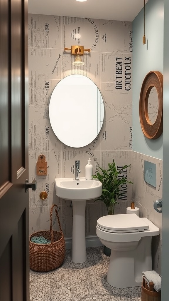 A small bathroom featuring textured walls, a round mirror, a plant, and warm lighting.