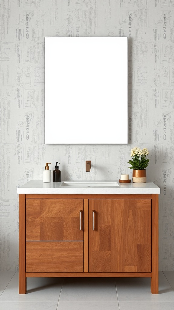 Textured walnut bathroom vanity with white countertop and mirror