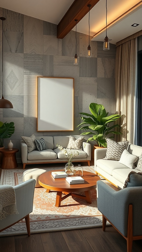 A cozy living room featuring stone walls, wooden beams, and a mix of patterned cushions on light sofas.