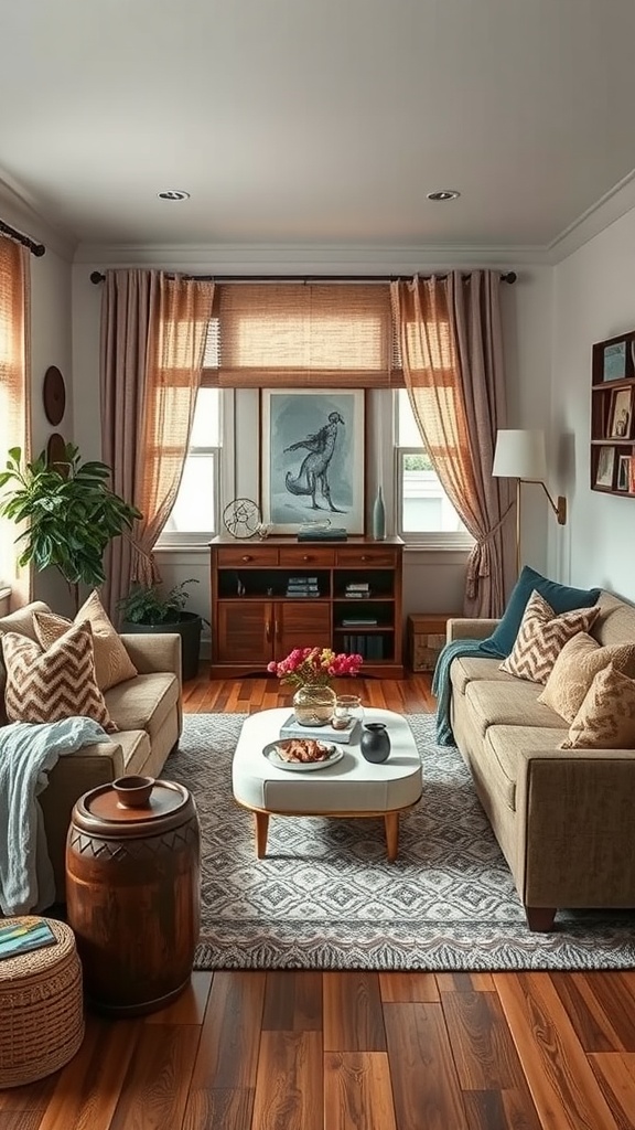A cozy living room featuring soft textures, wooden floors, and inviting decor.