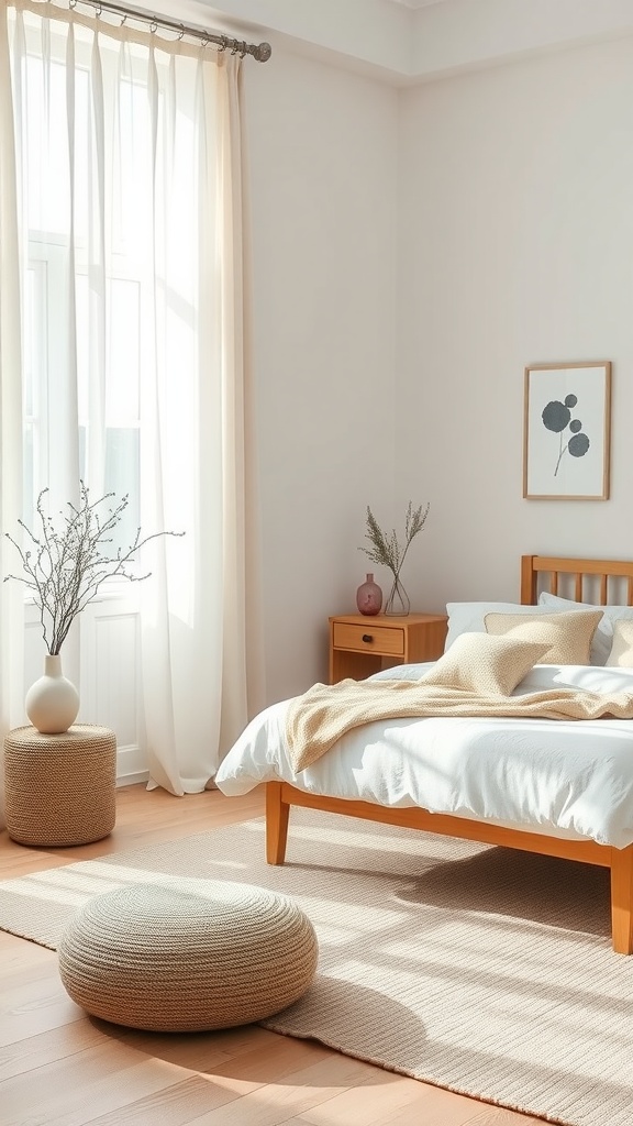 A minimalist Scandi boho bedroom with soft colors, natural materials, and a cozy atmosphere