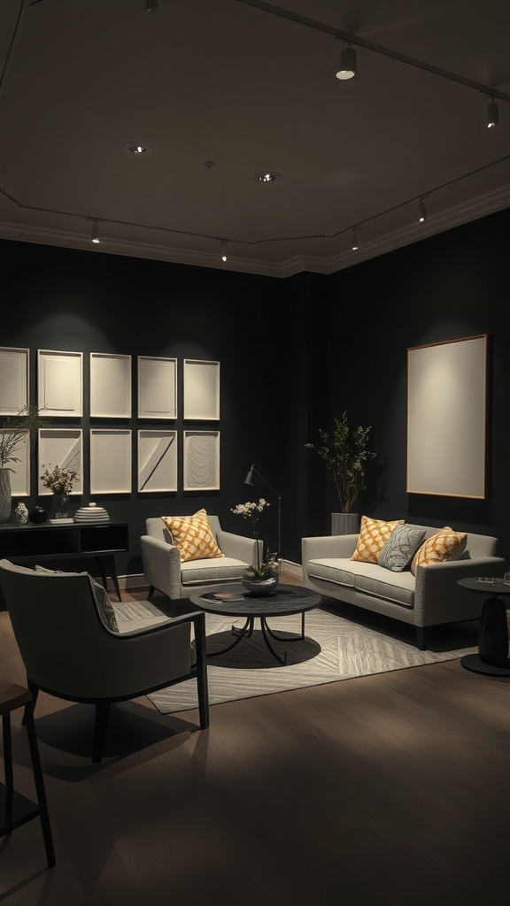 A cozy living room with dark walls, featuring white furniture and decor.