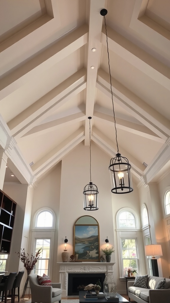 Living room with vaulted ceiling featuring pendant lights and recessed lighting