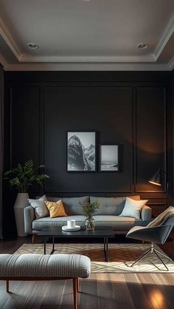 A stylish living room with dark walls, featuring a light sofa, decorative pillows, and modern furniture.