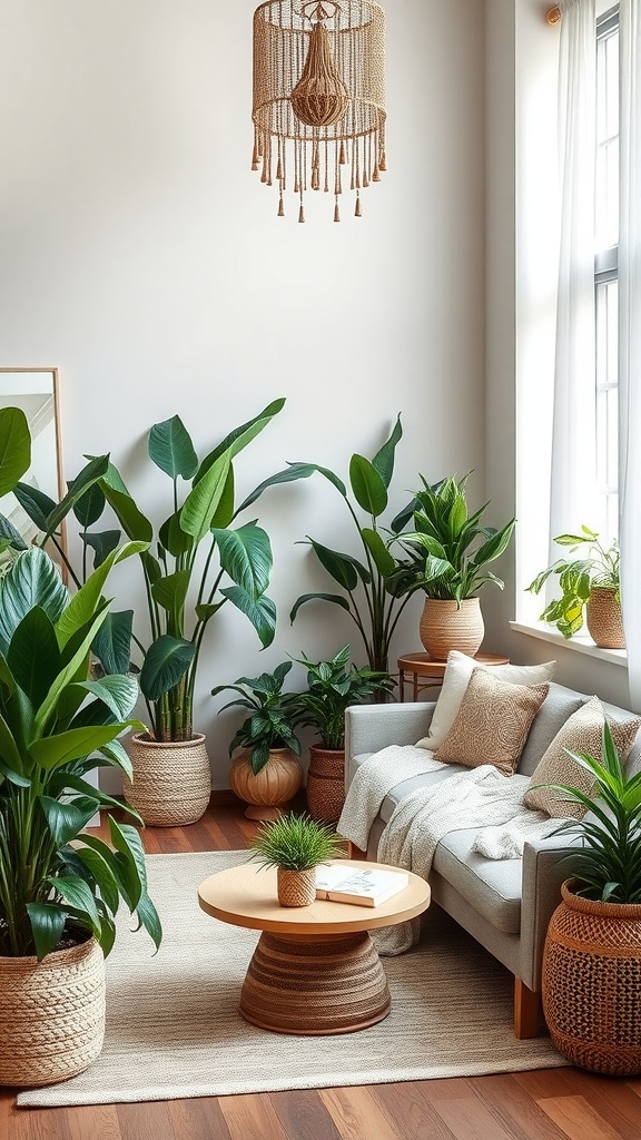 A cozy living room filled with houseplants, featuring a light gray sofa, wooden coffee table, and a woven chandelier.