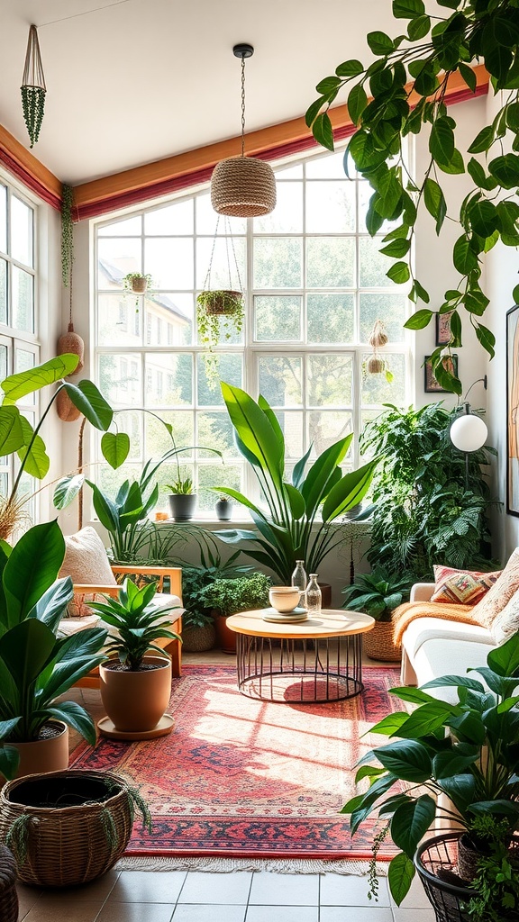 A bright living room filled with various houseplants, showcasing a cozy and inviting atmosphere.