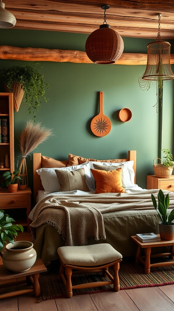 A cozy rustic bedroom featuring green walls, wooden furniture, and terracotta accents.