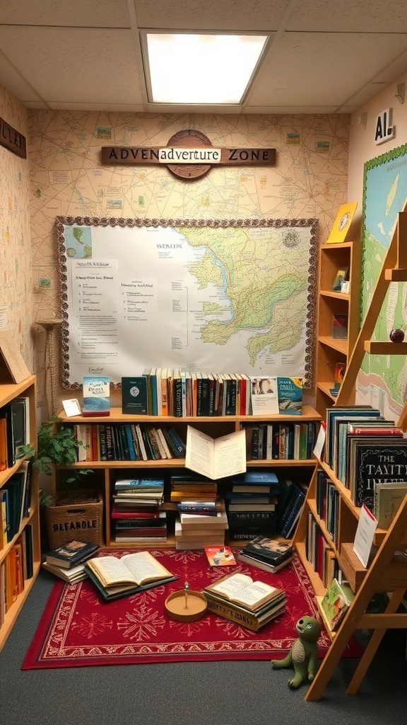 Cozy reading corner themed as an adventure zone with a map, bookshelves, and a plush dinosaur.