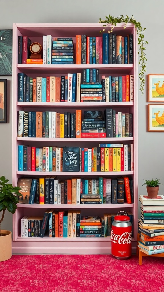 A colorful pink bookshelf filled with various books, plants, and decorative items, showcasing themed organization.