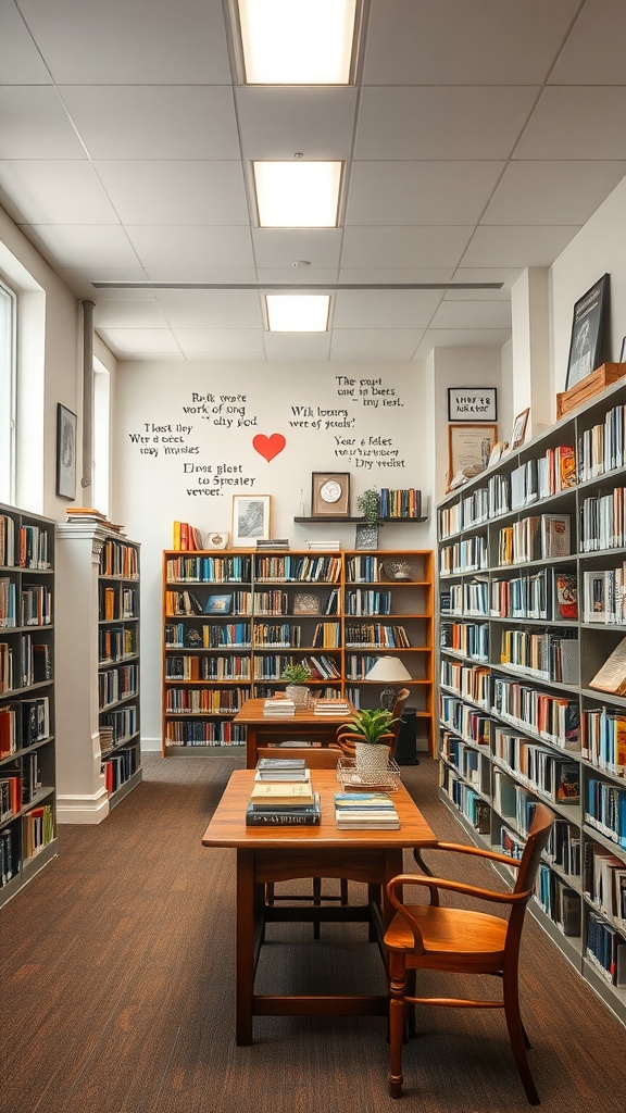 A well-organized library with bookshelves, wooden tables, and inspiring quotes on the walls.