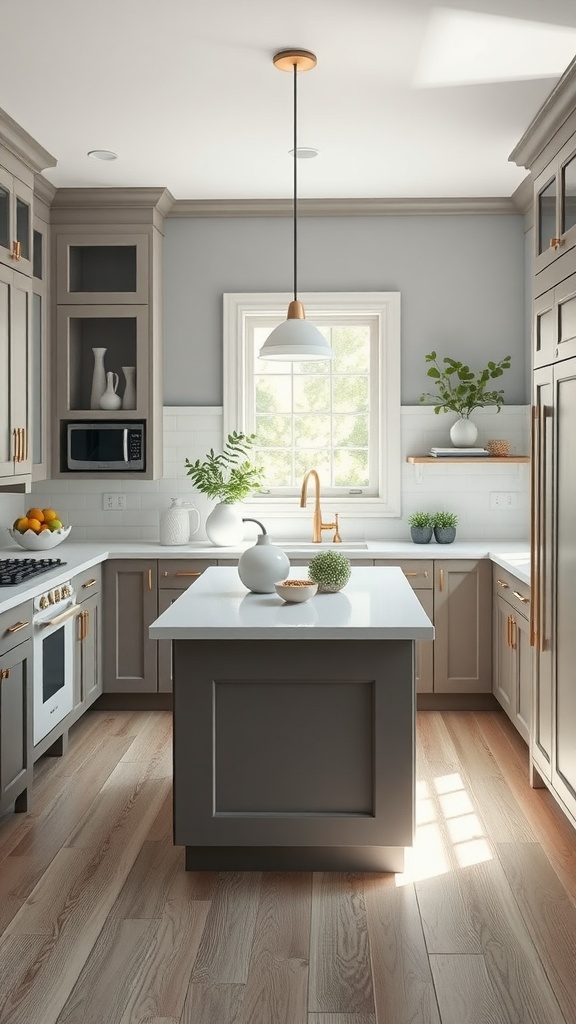 A modern small kitchen featuring a gray island, sleek countertops, and natural light.